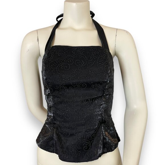 Vintage 90s Prom Halter Top‎ Beads Tie Black Zip-Up Flaws Princess Sleeveless - Picture 1 of 12